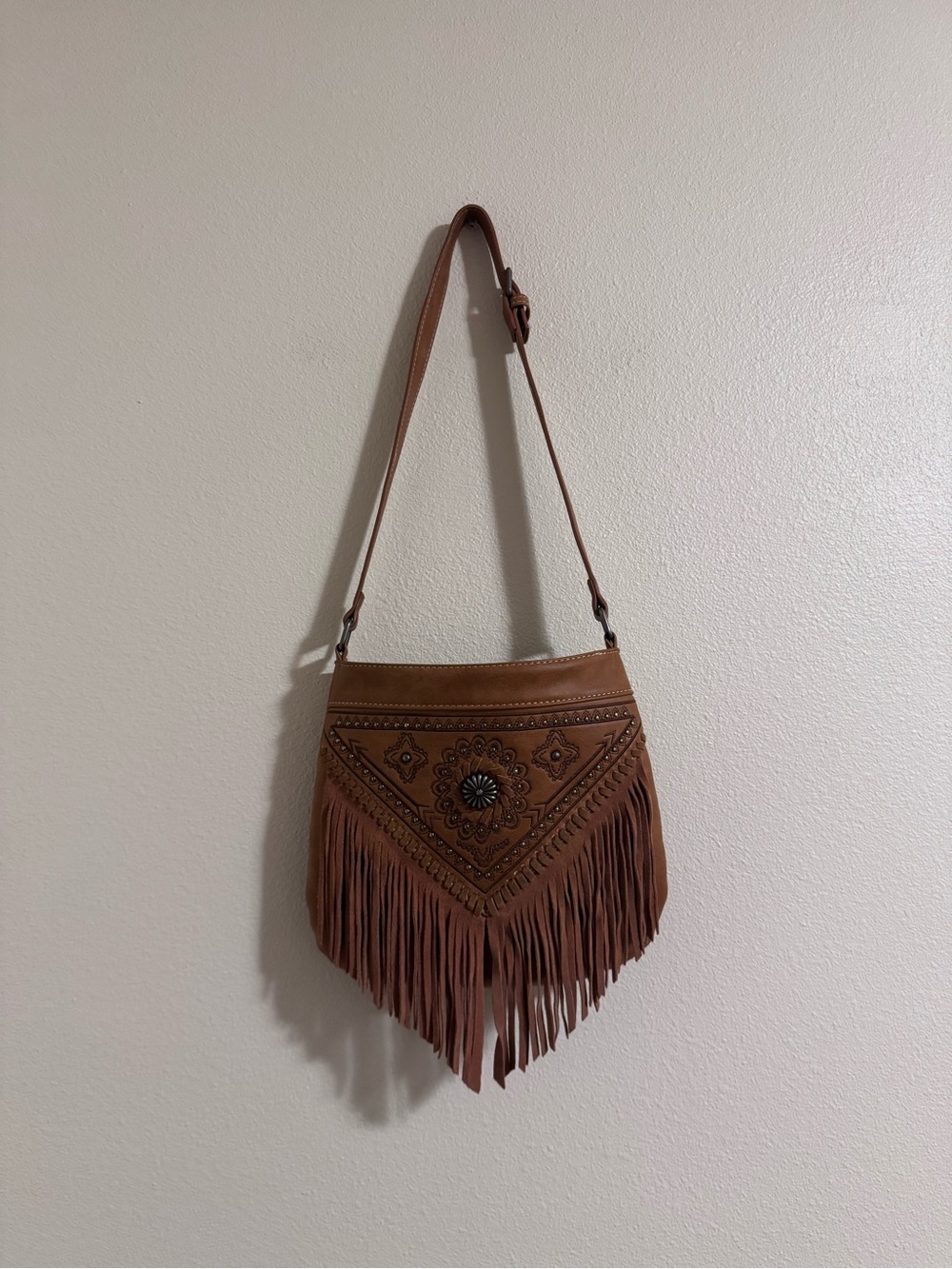 Montana West Tan Fringe Shoulder Bag with Embossed Concho
